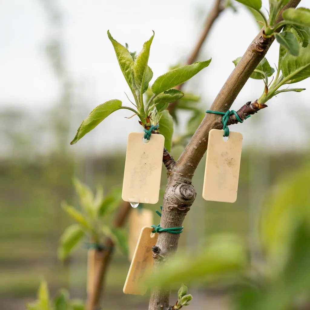 Close-up of small identification tags labeling different grafted branches on a fruit tree