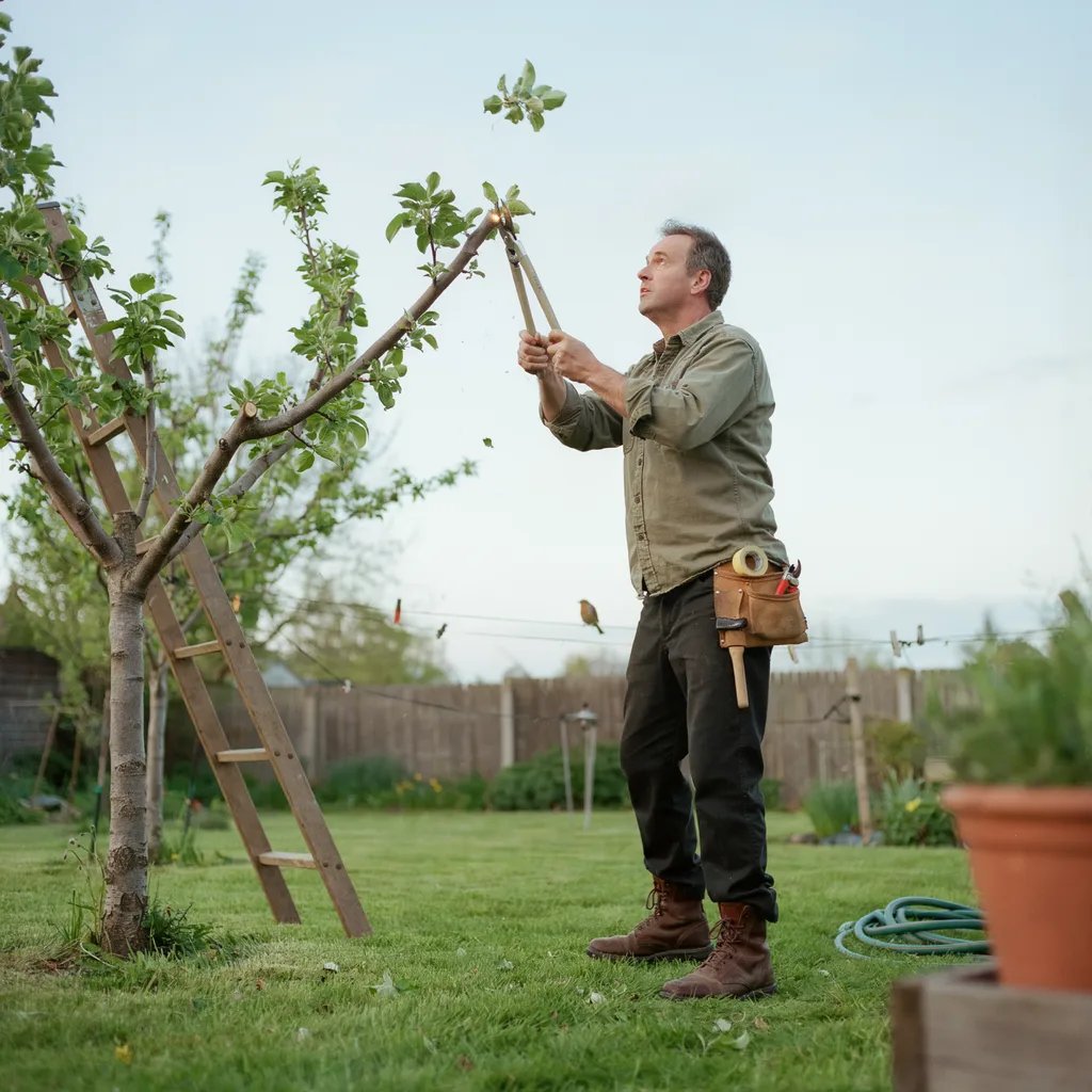 A gardener selectively pruning back a vigorous branch on a multi-grafted fruit tree