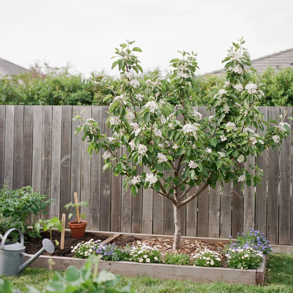 A small home garden featuring a single compact multi-variety fruit tree