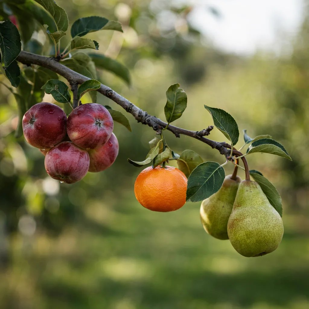 A fruit tree branch showing three to five different colored fruit varieties hanging together