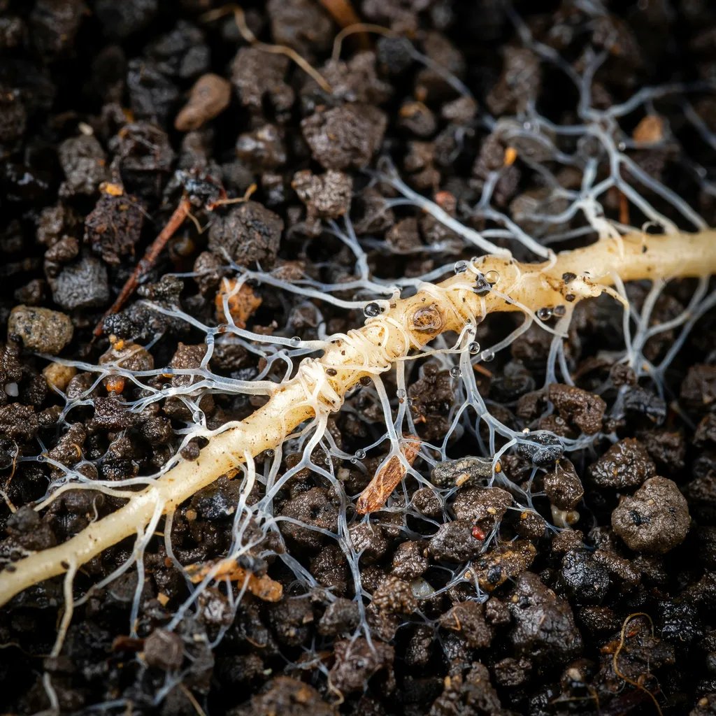 Close-up of white mycorrhizal fungal threads extending through soil around a plant root