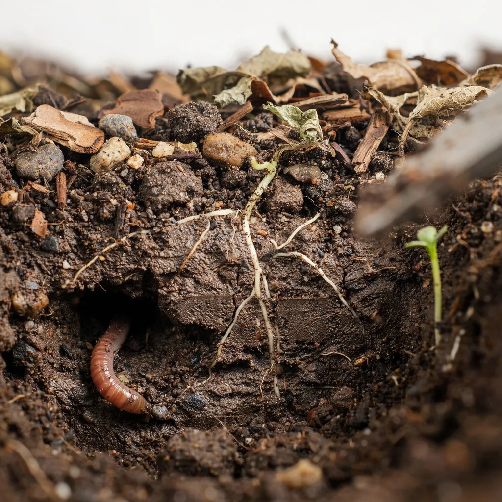 Healthy undisturbed garden soil with visible organic matter and root systems