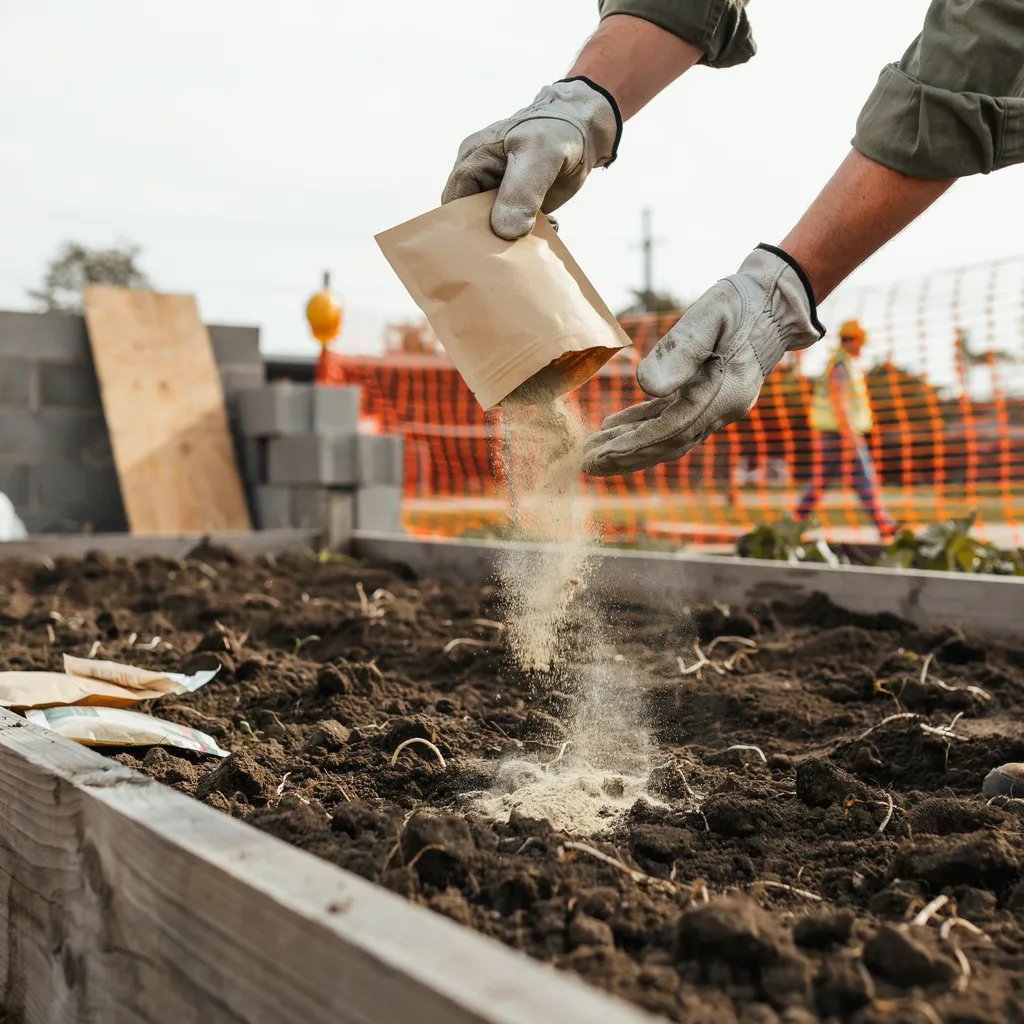 A bag of mycorrhizal inoculant powder being applied to soil at a construction-adjacent garden site