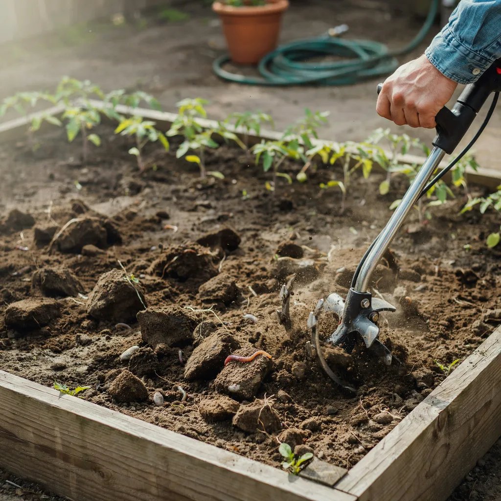 A garden tiller disturbing soil in a vegetable bed