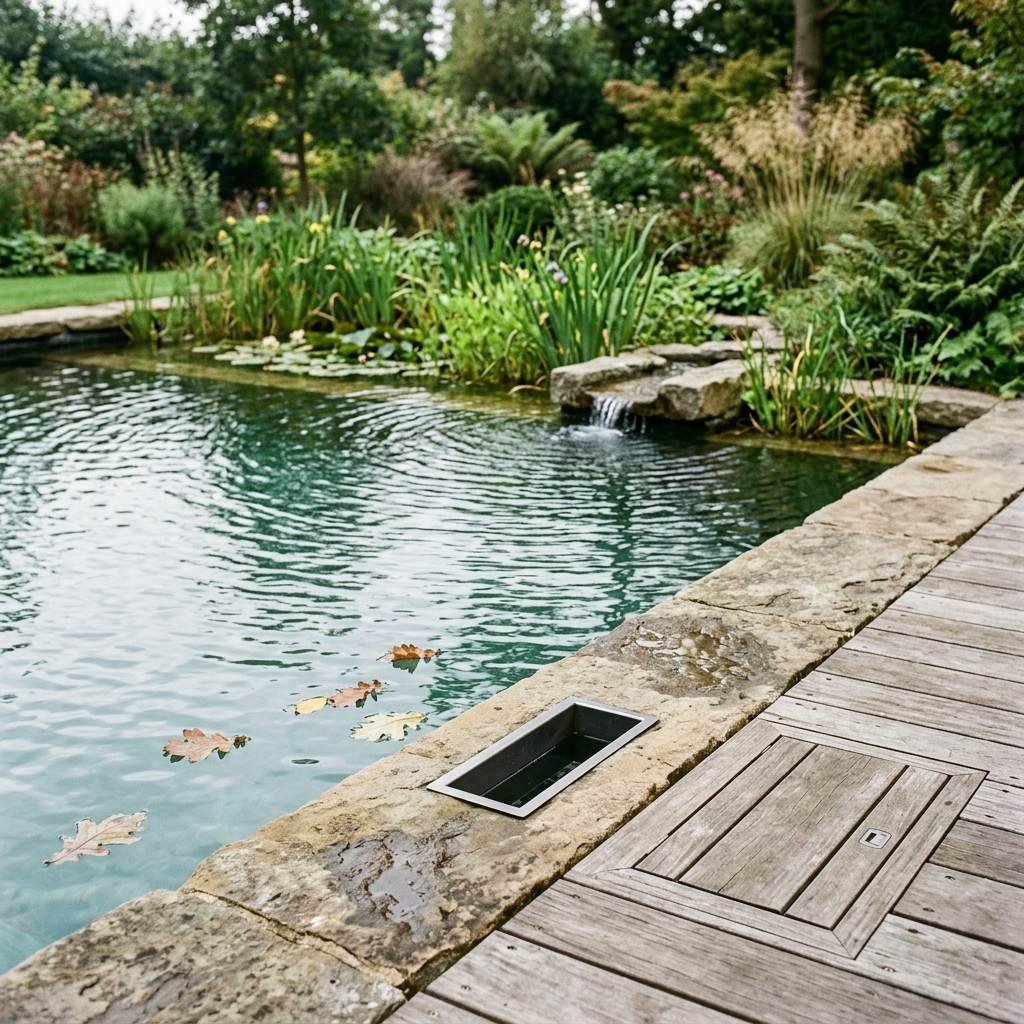 The pump and skimmer circulation setup that moves water between a natural pool's zones