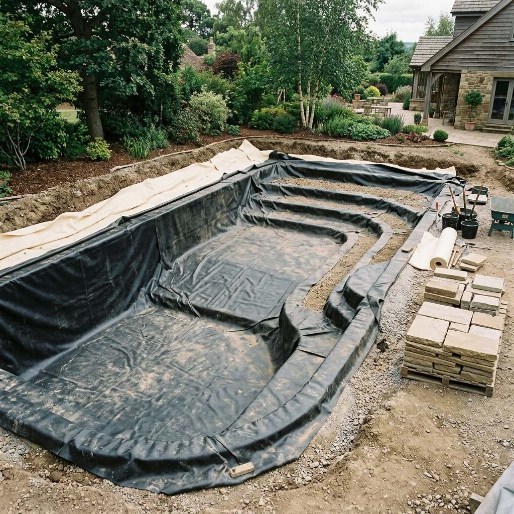 An unfinished natural swimming pool excavation with the liner being set in place