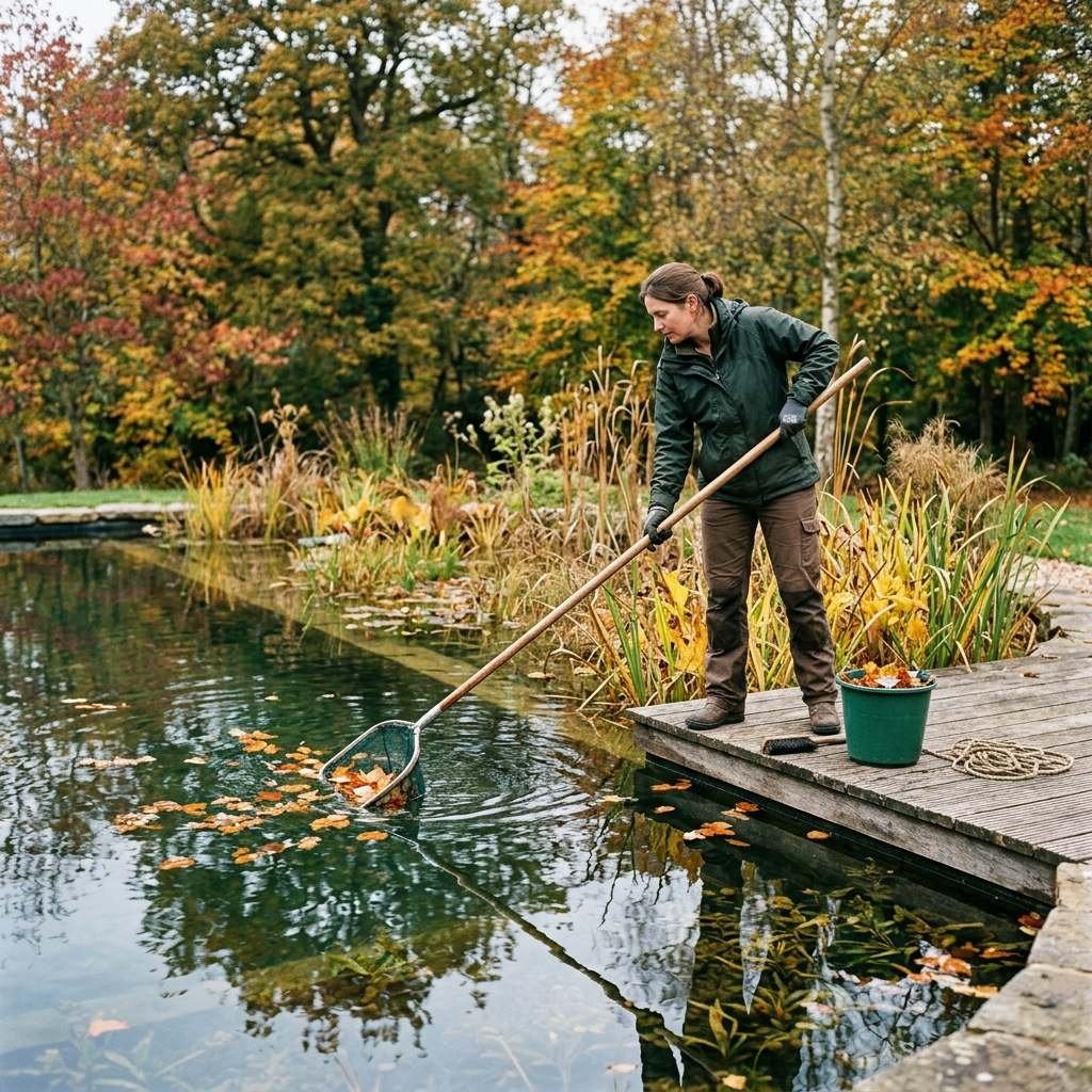Skimming fallen leaves from a natural swimming pool as part of seasonal maintenance