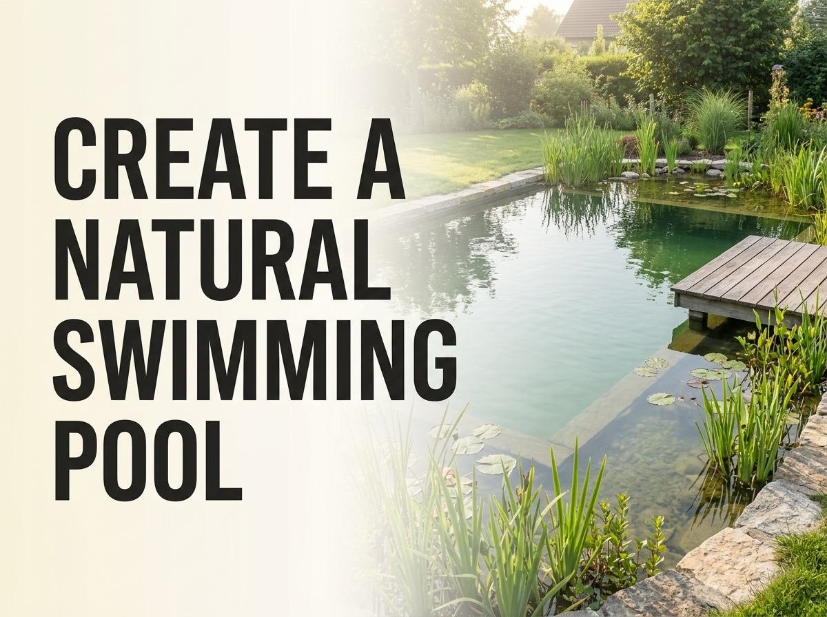 A natural swimming pool in a backyard with a planted regeneration zone alongside clear swimming water