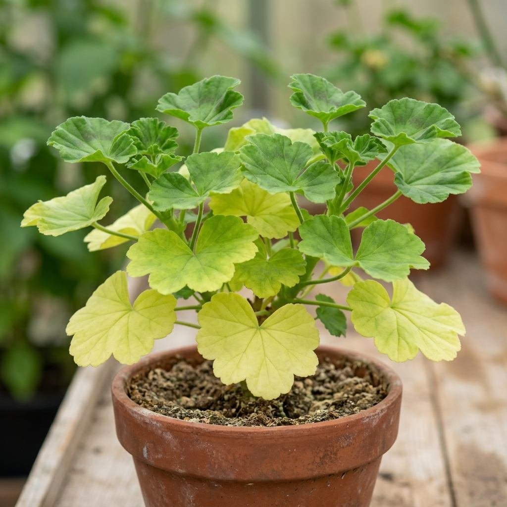 Nitrogen deficient geranium showing pale, uniformly yellow older foliage