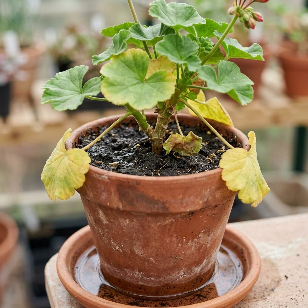Overwatered potted geranium with soft yellow leaves dropping from soggy soil