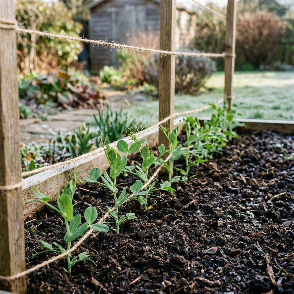 Young pea plants climbing a garden trellis in cool early spring conditions