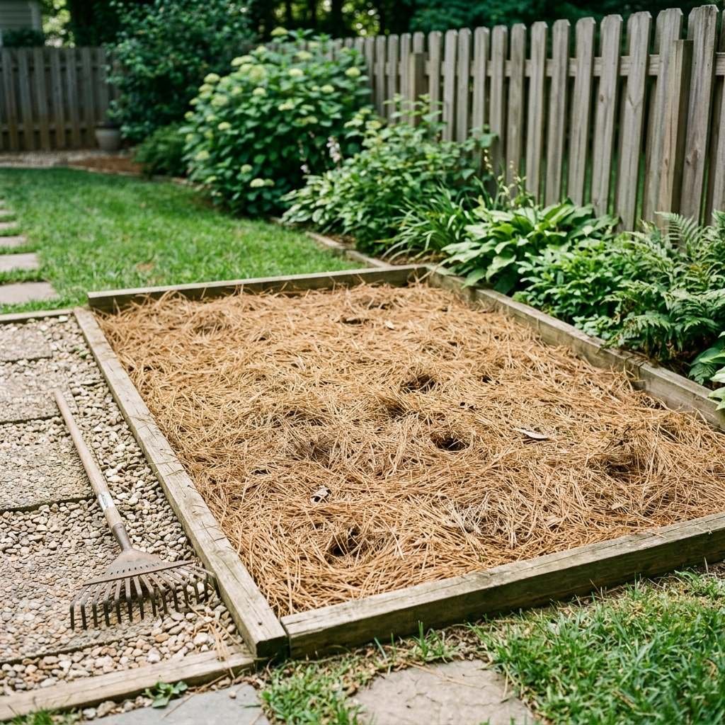 Pine straw spread as ground cover in a backyard dog potty area