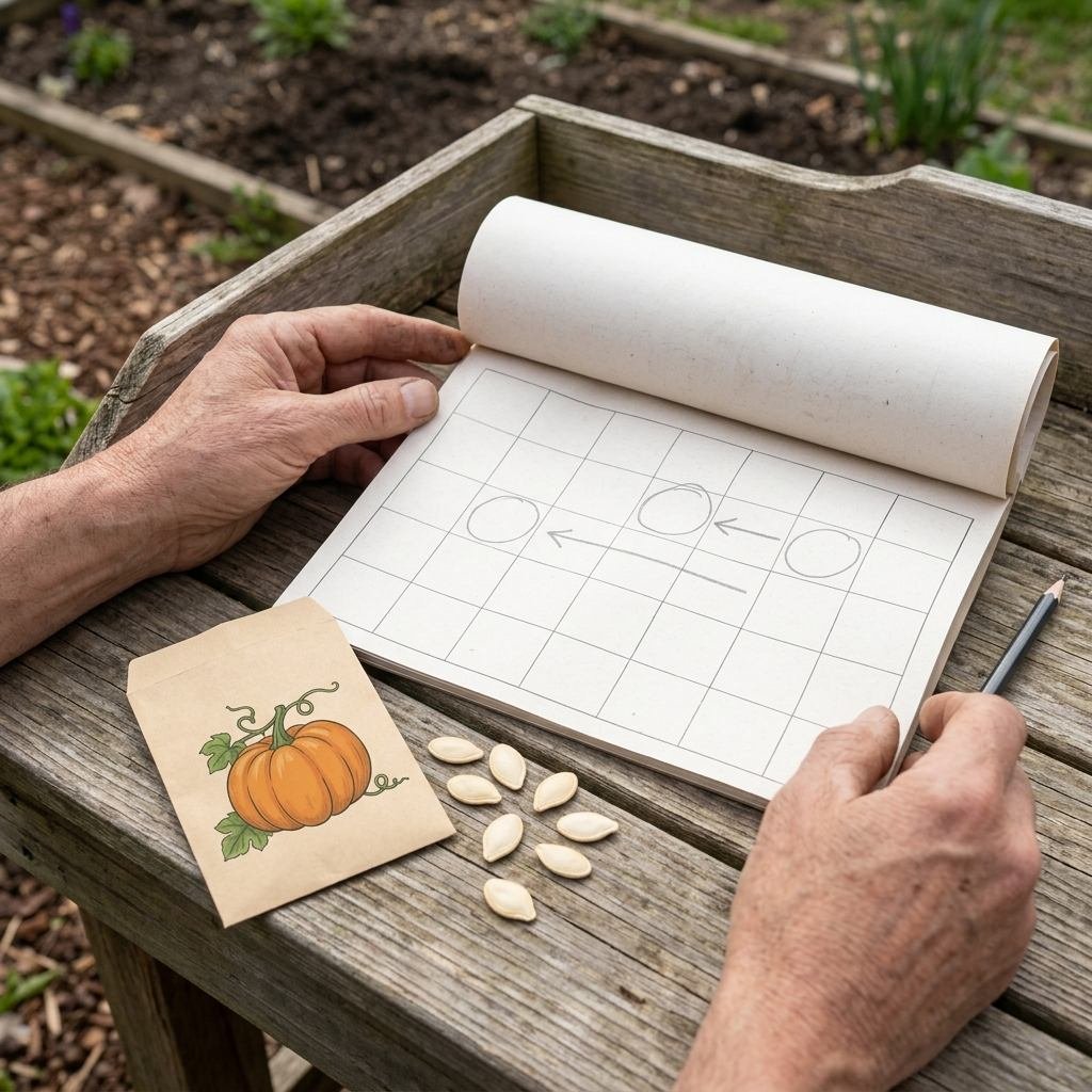 A gardener counting back from the first frost date to plan a pumpkin planting window
