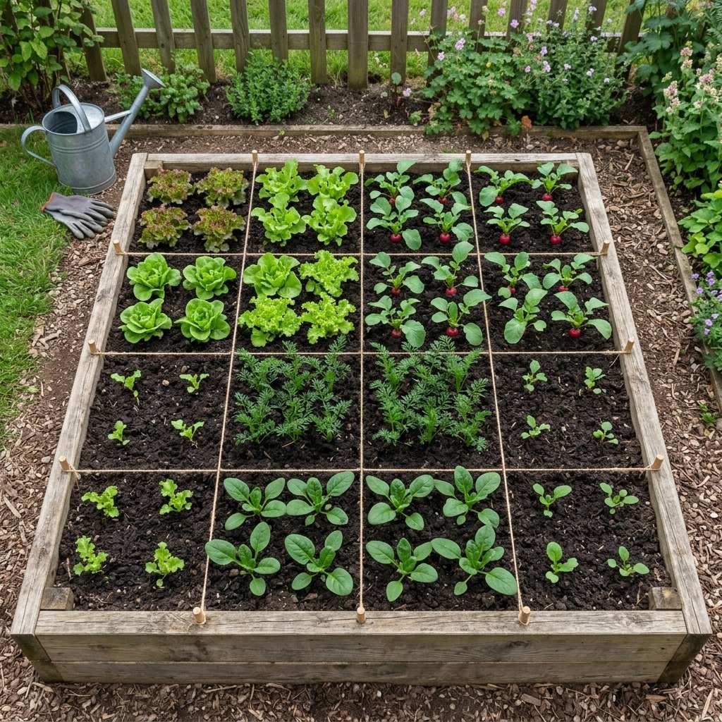 Planning a raised bed on an intensive square-foot grid instead of traditional rows