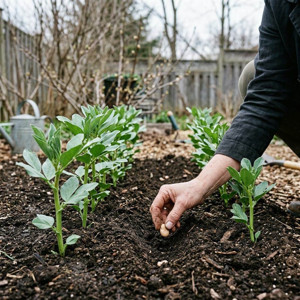 A gardener pressing fava bean seeds into prepared cold garden soil