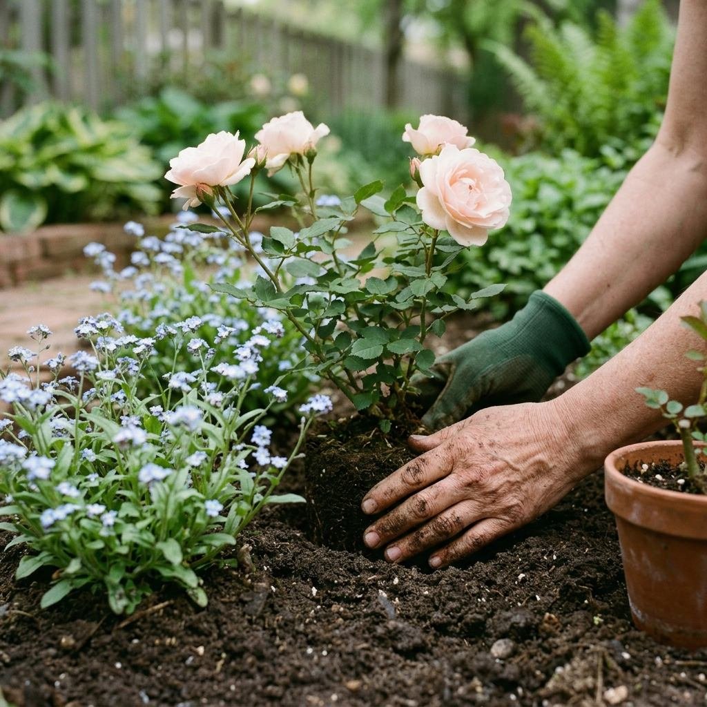 A gardener planting a rose bush chosen for its personal meaning in a memorial garden