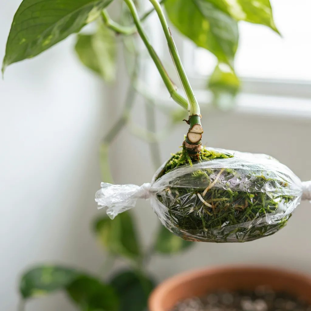 Moist sphagnum moss wrapped in plastic around a wounded stem for air layering