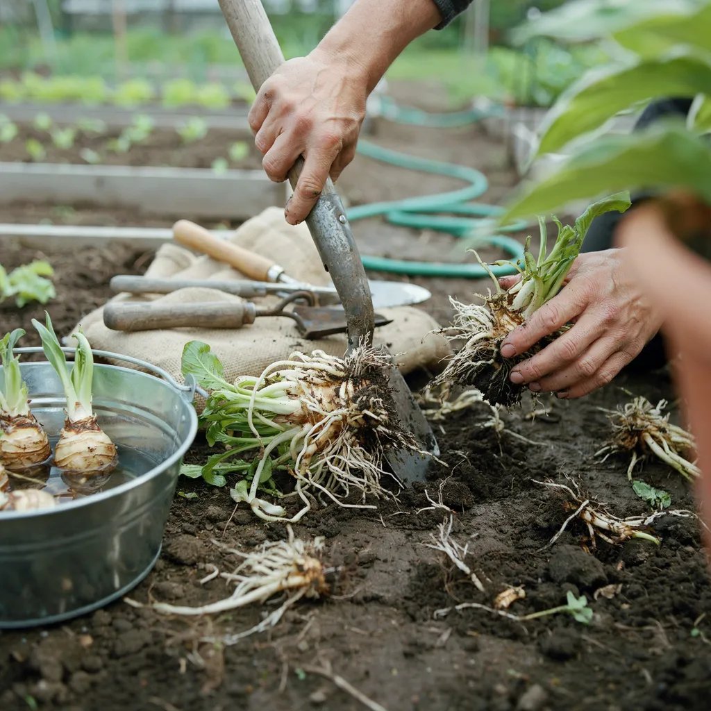 A gardener dividing a perennial plant's root clump into separate sections