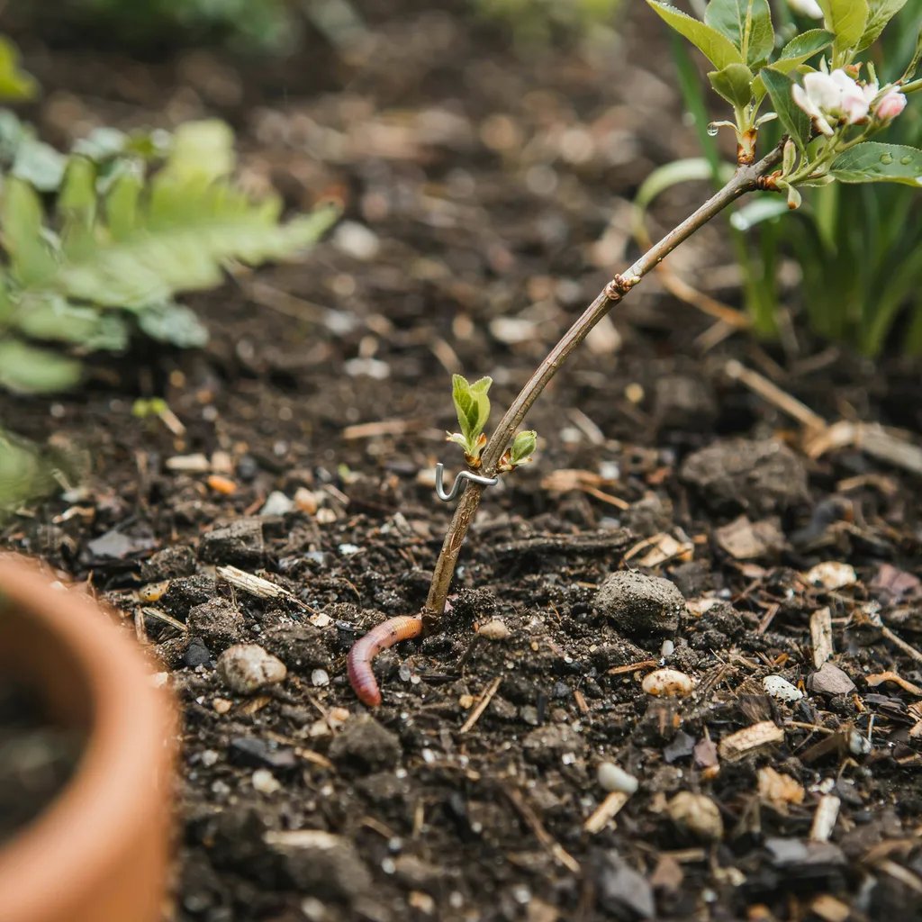 A low branch bent down and pinned into soil to root, still attached to the parent plant