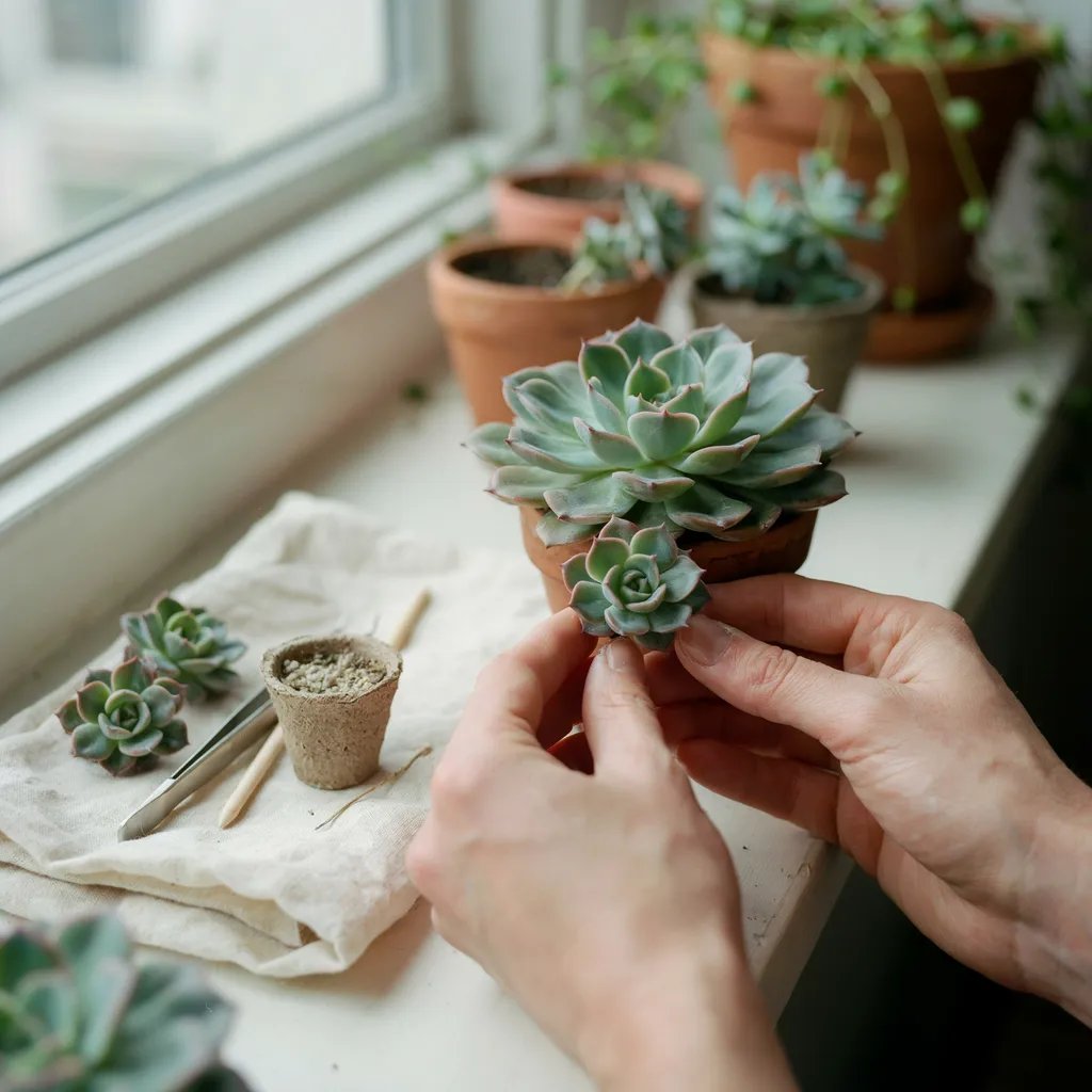 Small succulent offsets being separated from a parent plant