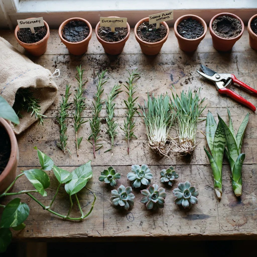 A variety of propagated plant sections laid out together