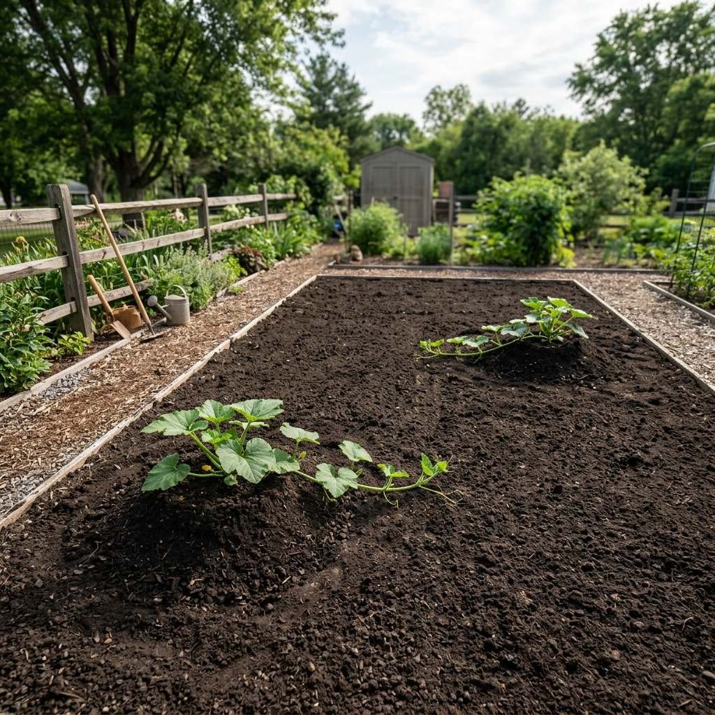 A pumpkin patch showing mature vines spreading across their allotted space