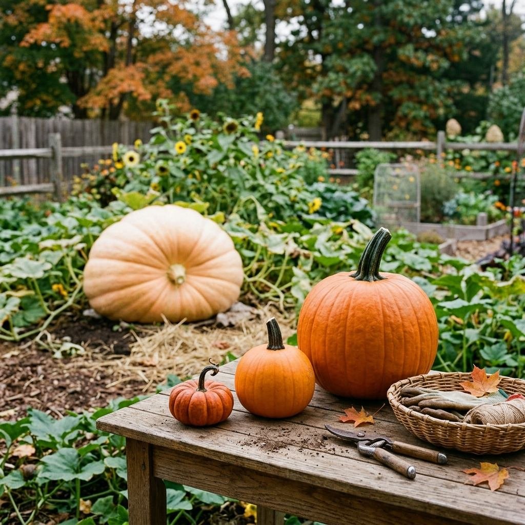 Different pumpkin varieties arranged on a garden workbench for comparison