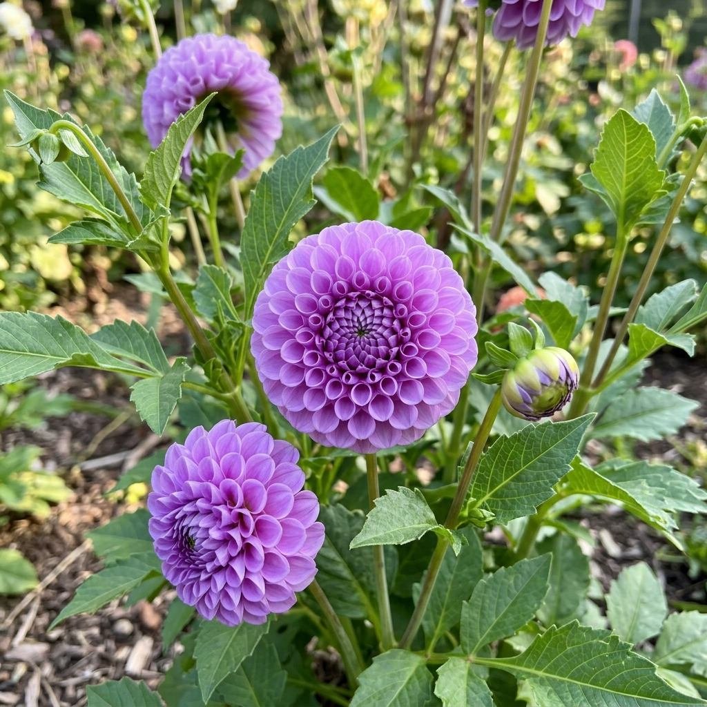 Perfectly round purple pom-pom dahlias blooming on a leafy plant
