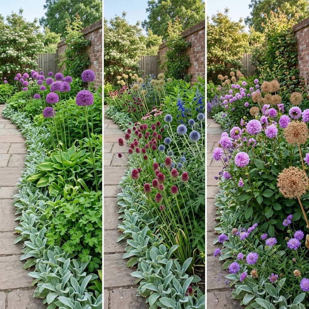 Seasonal progression showing purple pom-pom flowers carrying colour through the year