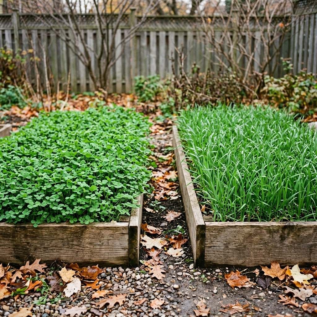 Raised vegetable beds planted with an off-season cover crop to build soil