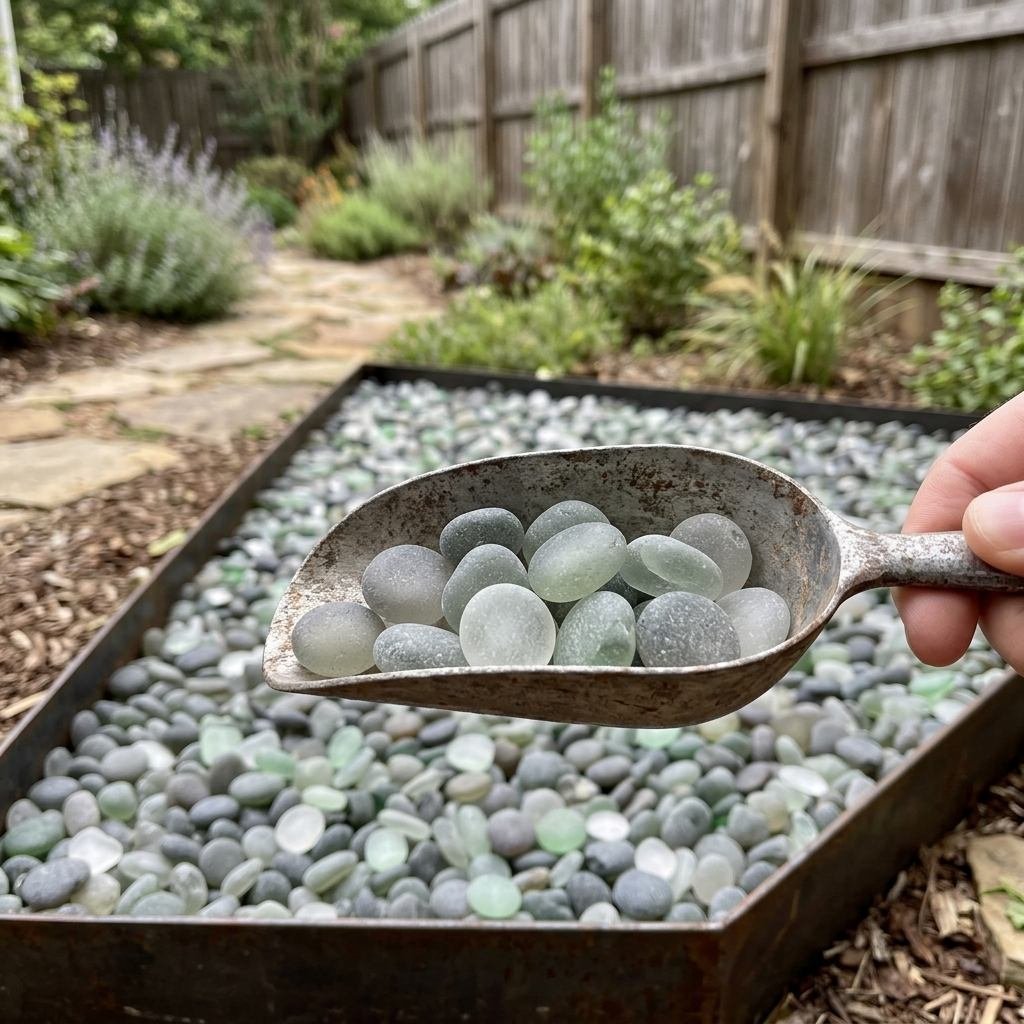 A scoop holding tumbled recycled glass gravel used as a pet-safe surface