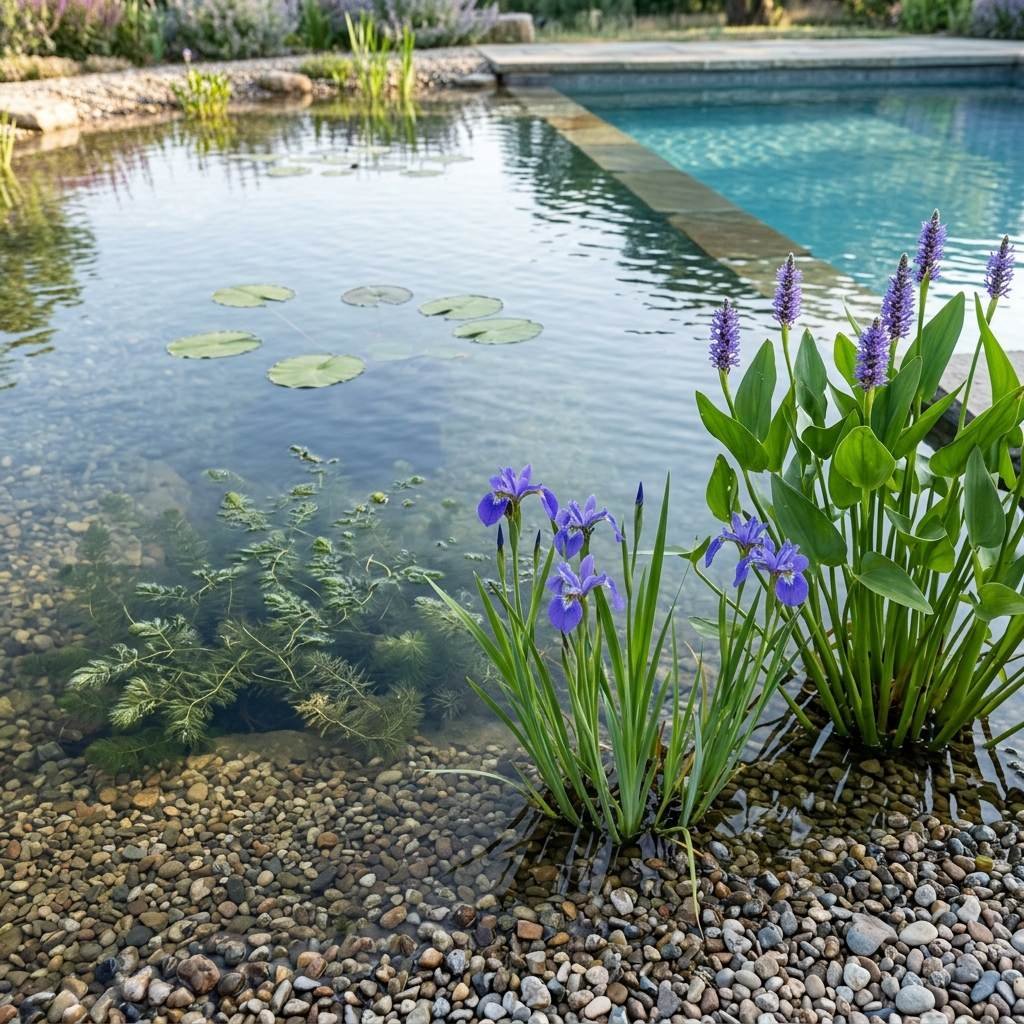 Aquatic plants growing in the shallow regeneration zone of a natural swimming pool