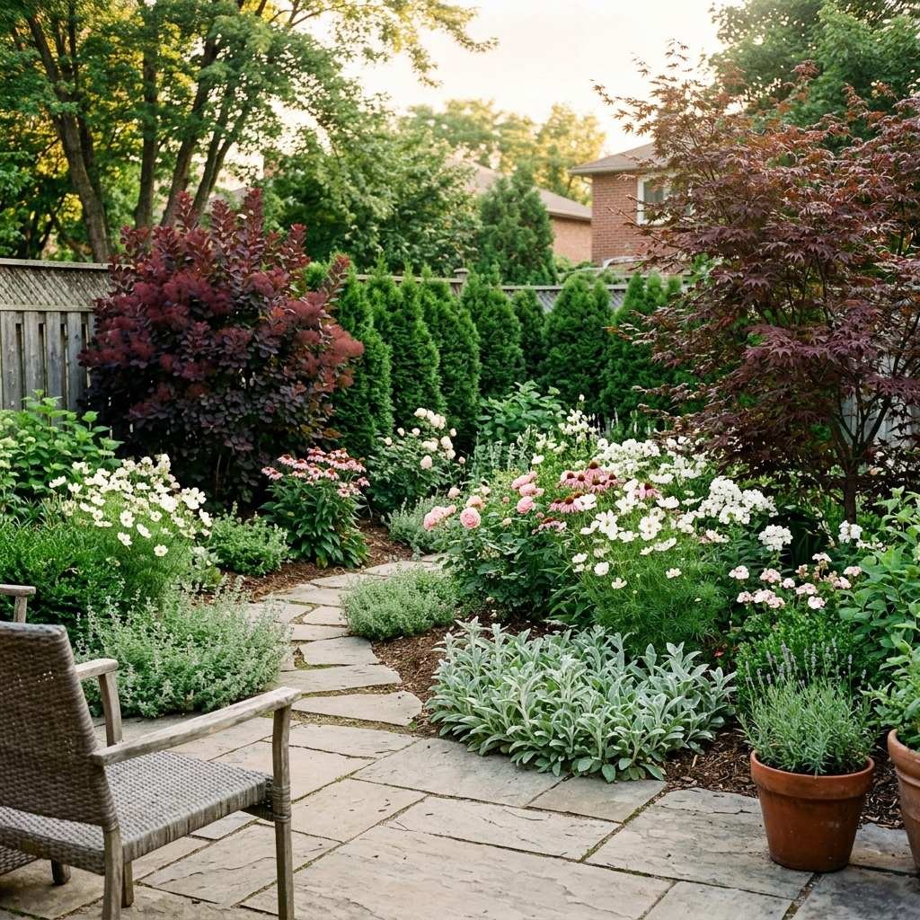 A suburban backyard using repeated background plantings to create visual rhythm