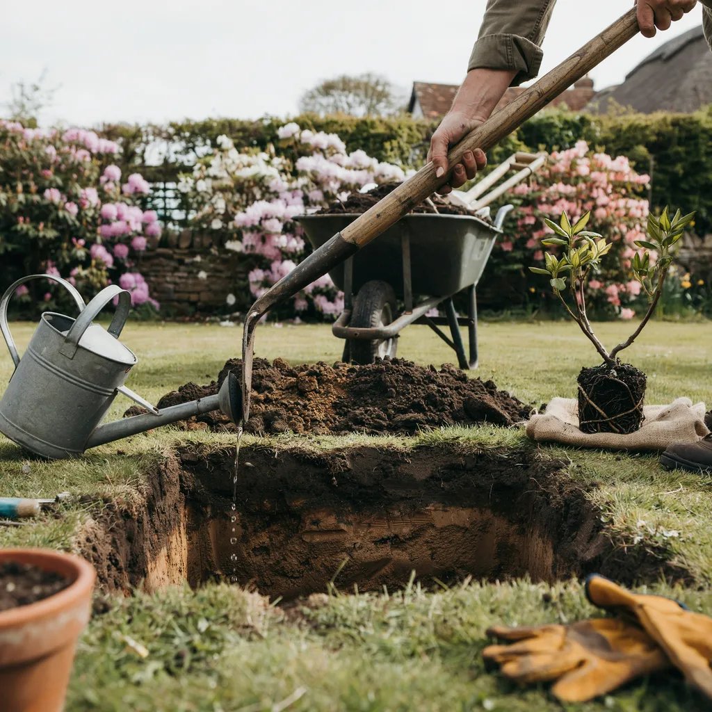 A gardener digging a wide planting hole for a rhododendron
