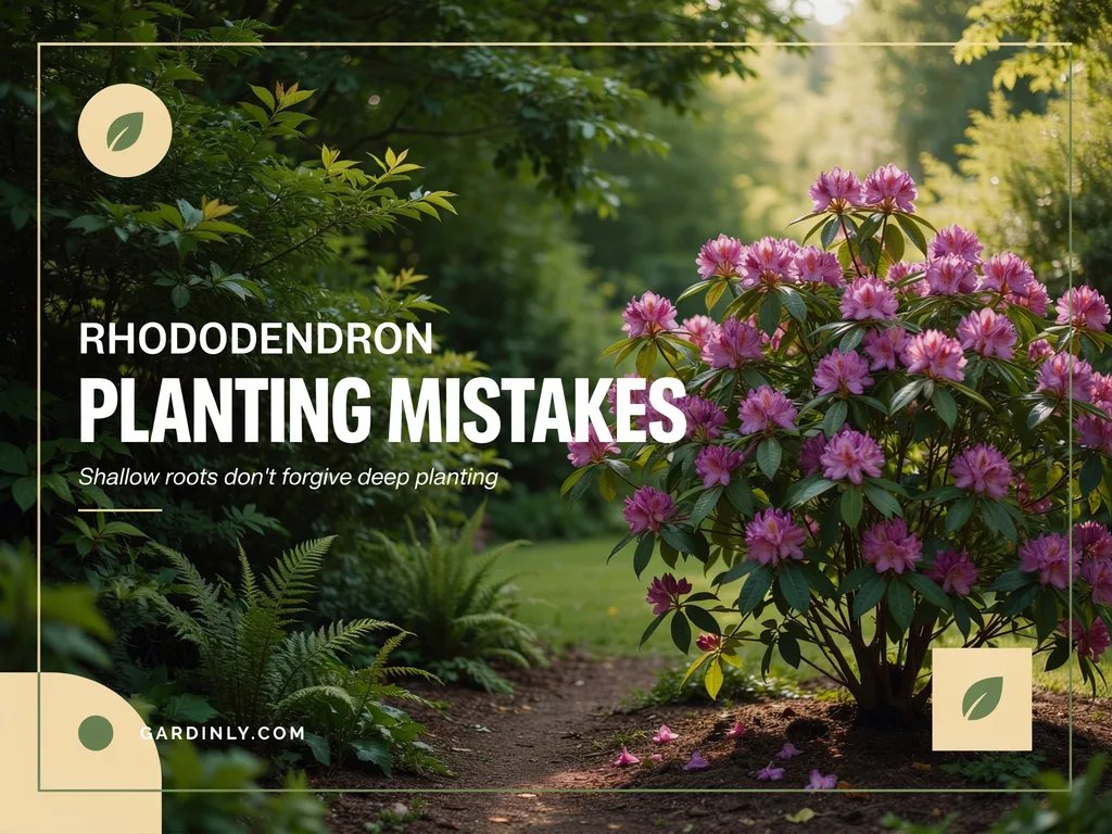 A rhododendron shrub in bloom, planted correctly at soil grade in a garden bed