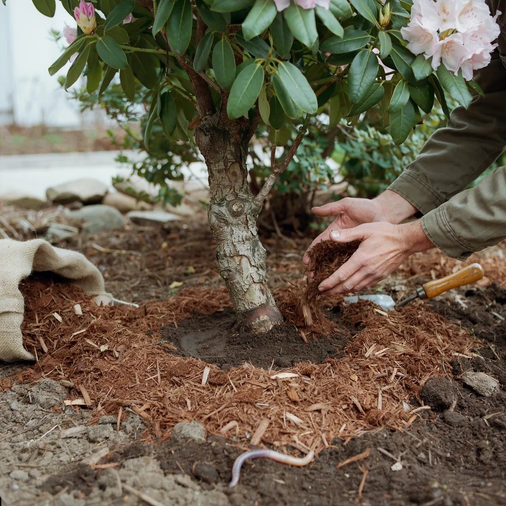 Mulch being applied around a rhododendron with a visible gap left around the stem