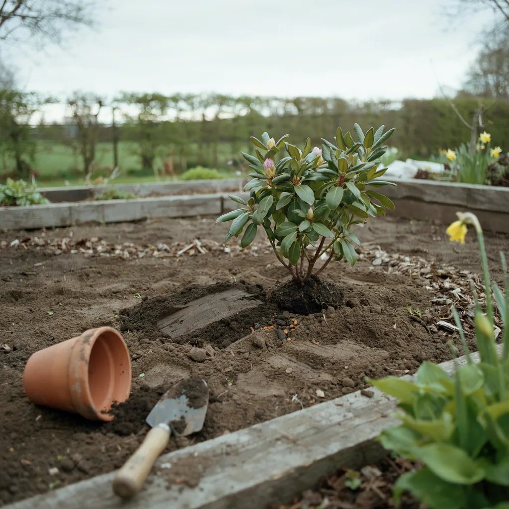 A newly planted rhododendron shrub in a garden bed without fertilizer nearby