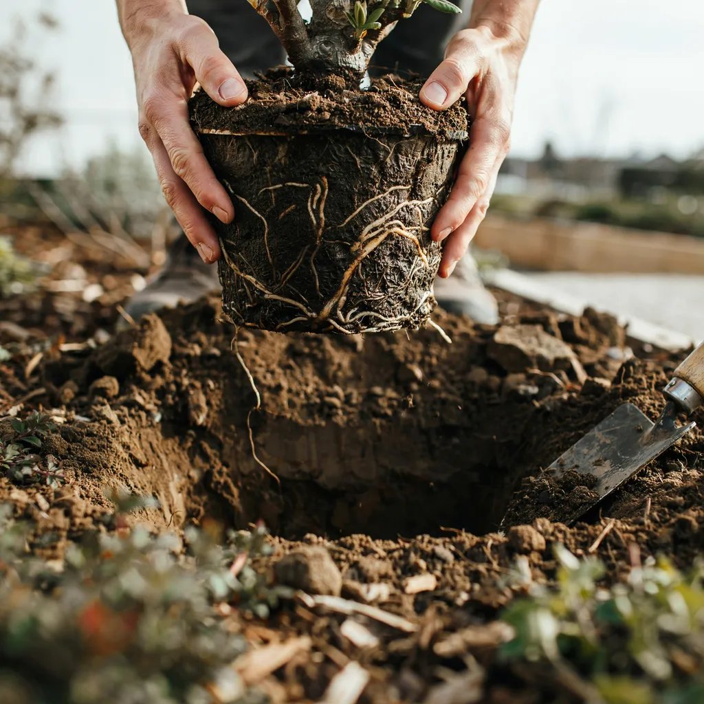 A rhododendron root ball being checked against soil grade level in a planting hole