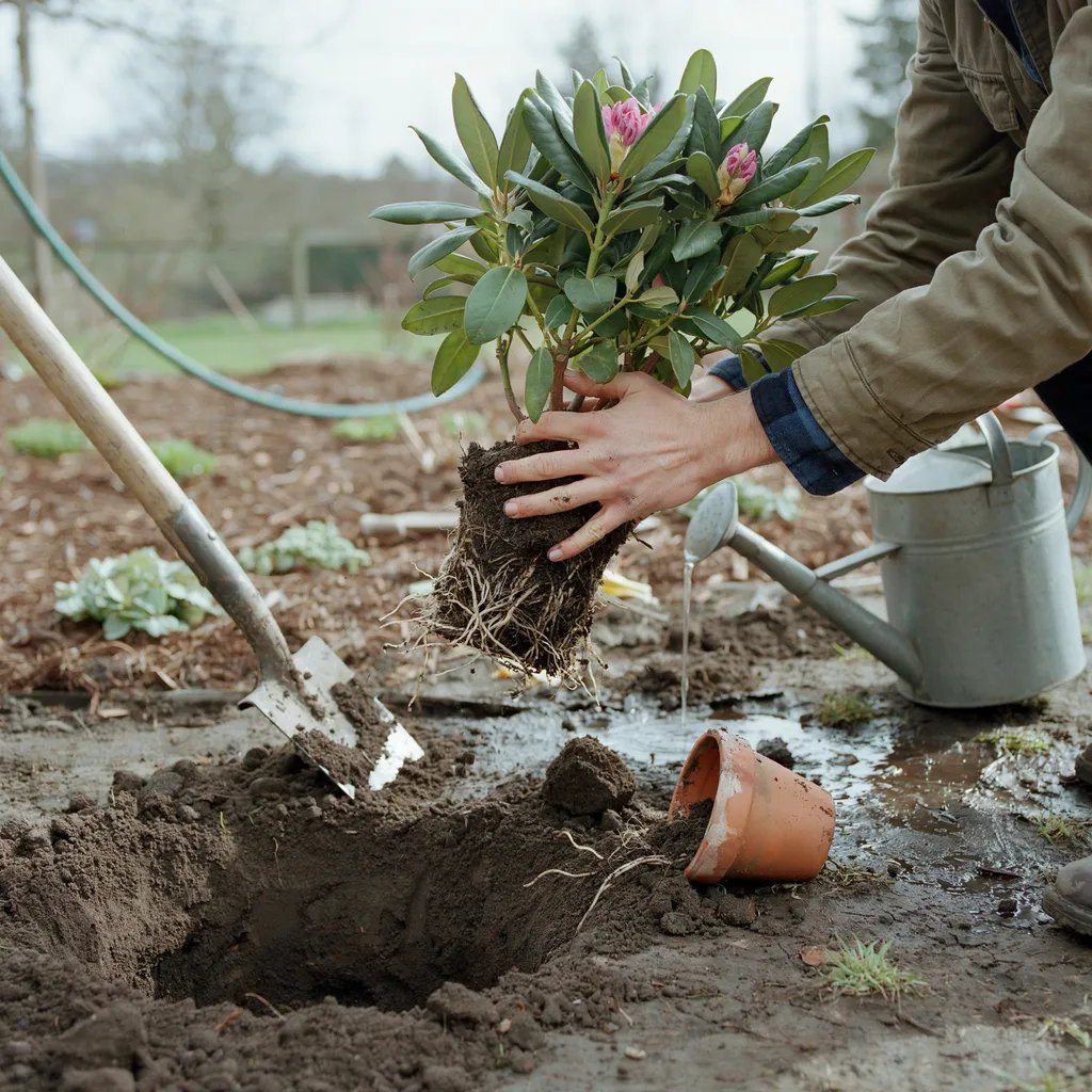 A rhododendron shrub with shallow fibrous roots visible during transplanting