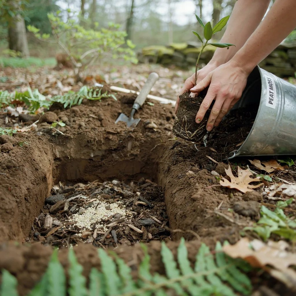 Acidic soil amendment being mixed into a planting hole for a rhododendron