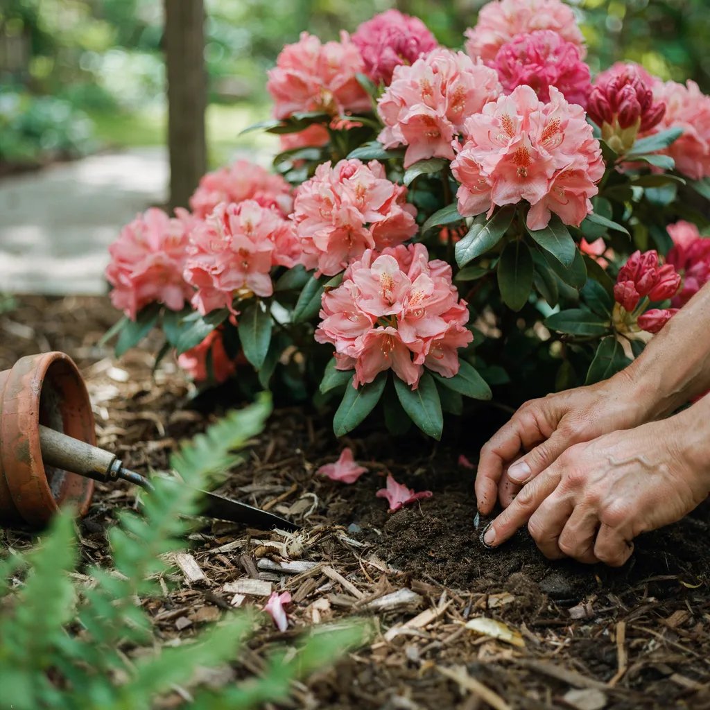 A gardener checking soil moisture near a rhododendron with a finger