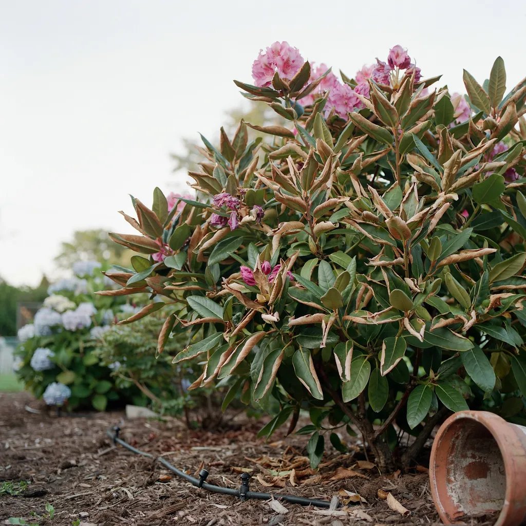 A rhododendron shrub with scorched, browned leaf edges from too much direct sun