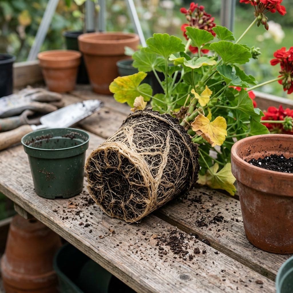Root-bound geranium being repotted into a larger container with fresh potting mix