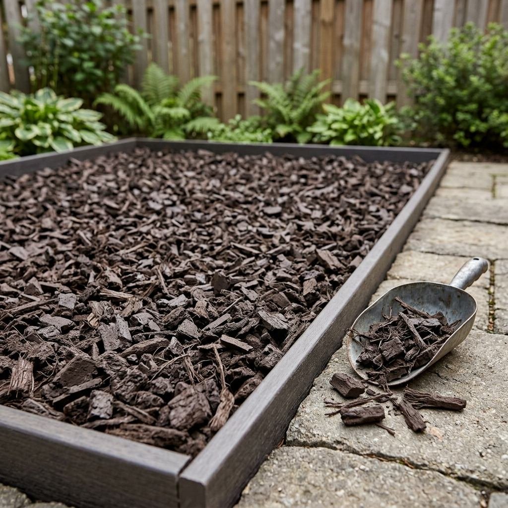 Recycled rubber mulch used as ground cover in a backyard dog area