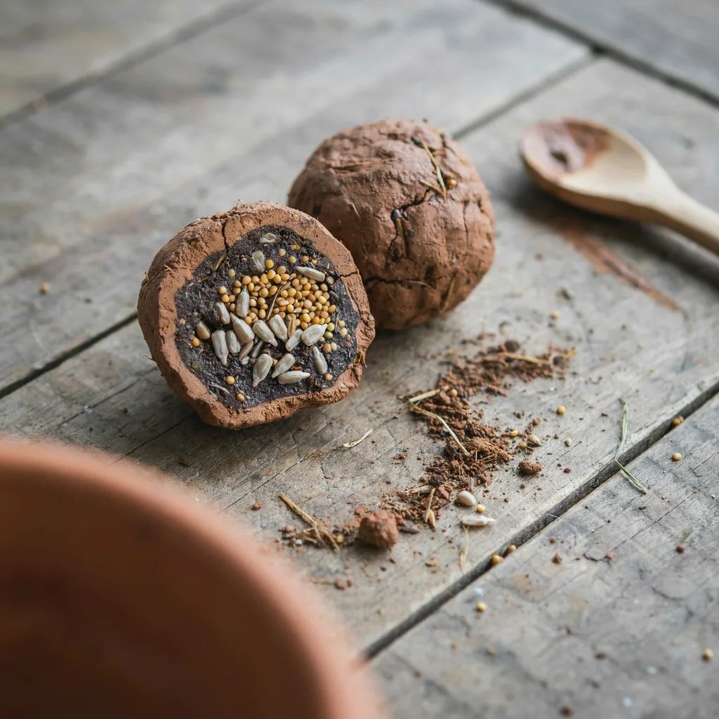 Cross-section of a seed bomb showing the protective clay coating around seeds
