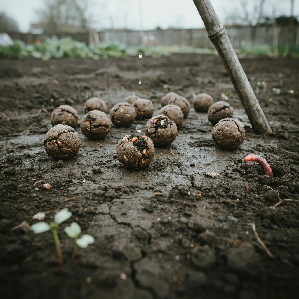 Scattering seed bombs outdoors ahead of rainfall