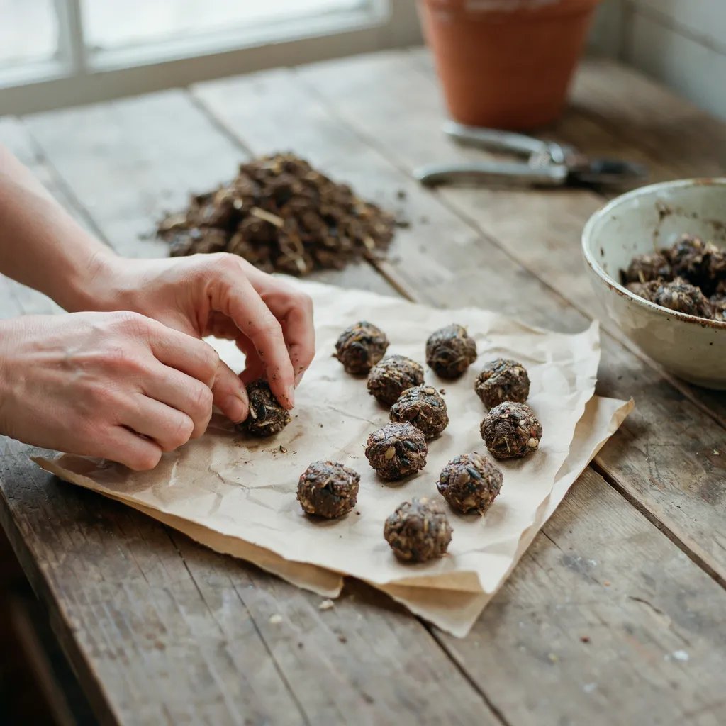 Rolling seed bomb mixture into small balls by hand