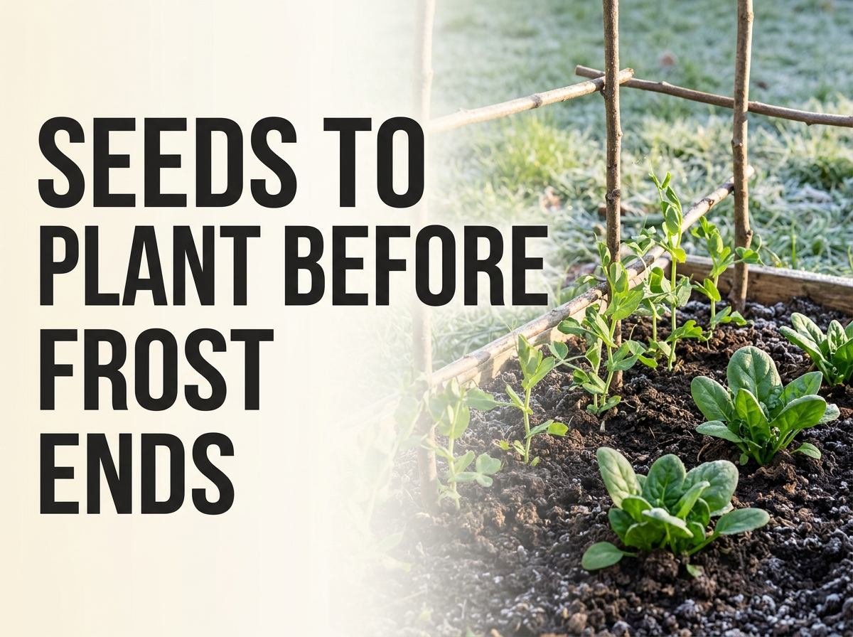 Rows of cold-hardy seedlings like peas and spinach emerging from soil with frost still visible on the ground