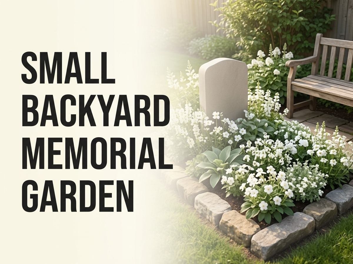 A small backyard memorial garden with a stone focal point and soft perennial planting