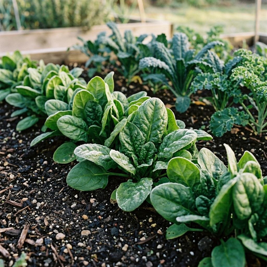 Spinach and kale seedlings growing in cold garden soil before the last frost